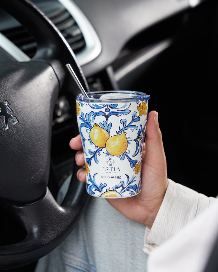 Estia Ποτήρι Θερμός Save The Aegean 350ml Μπλε-Λευκό-Κίτρινο Με Λεμόνια Amalfi Coast Coffee Mug