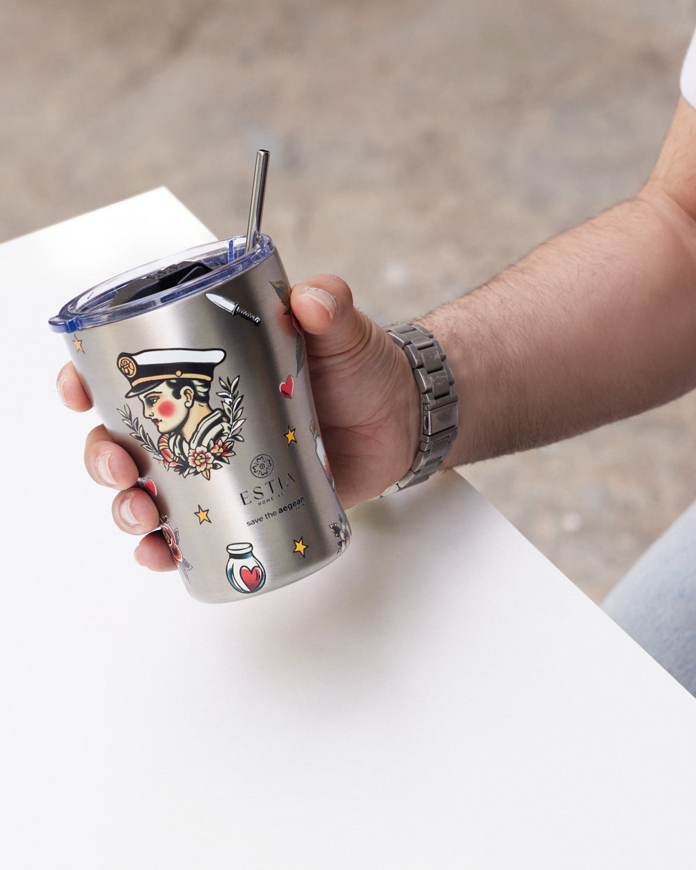 Estia Ποτήρι Θερμός  Save The Aegean 350ml Μεταλλικό Old School Ink Coffee Mug