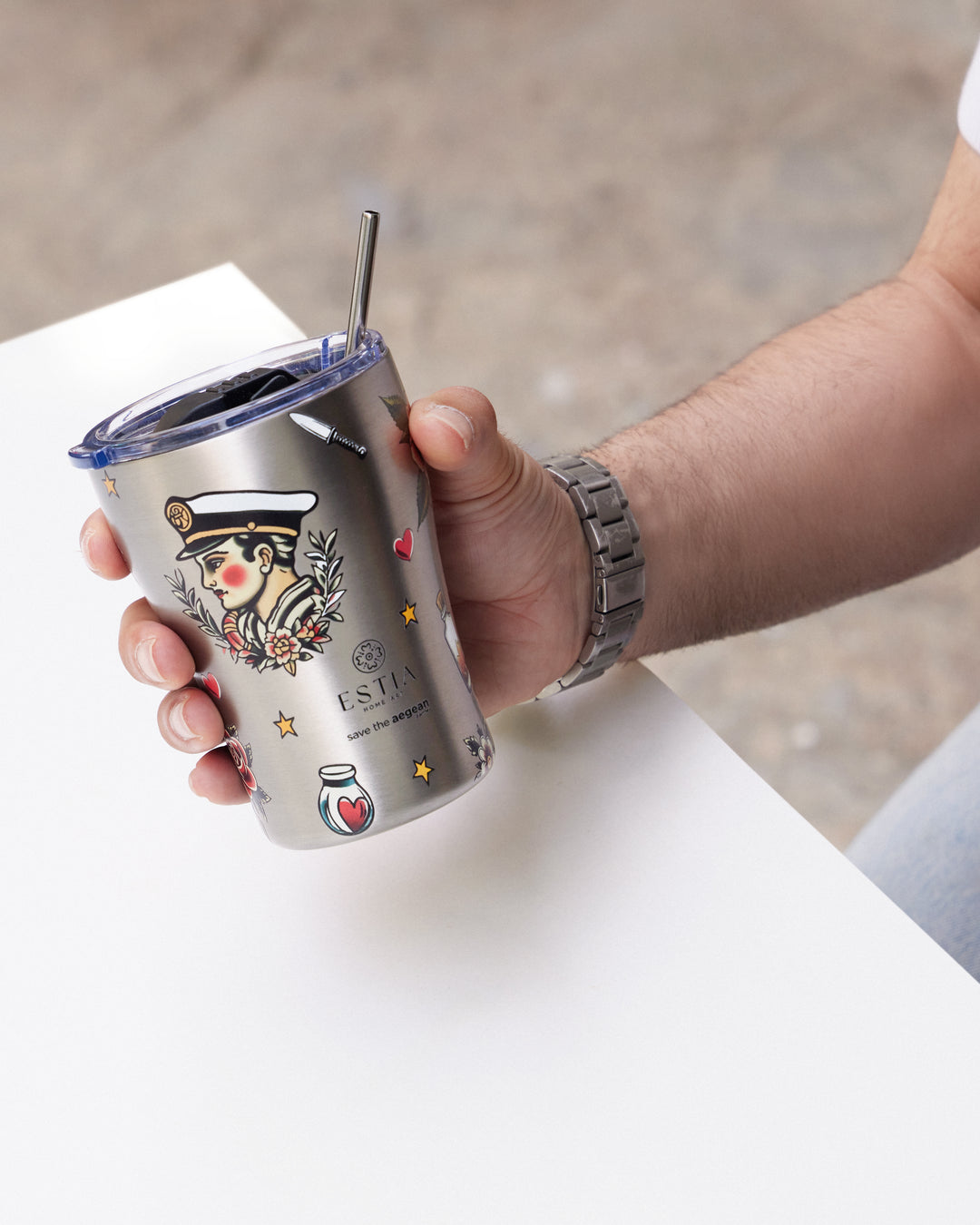 Estia Ποτήρι Θερμός  Save The Aegean 350ml Μεταλλικό Old School Ink Coffee Mug