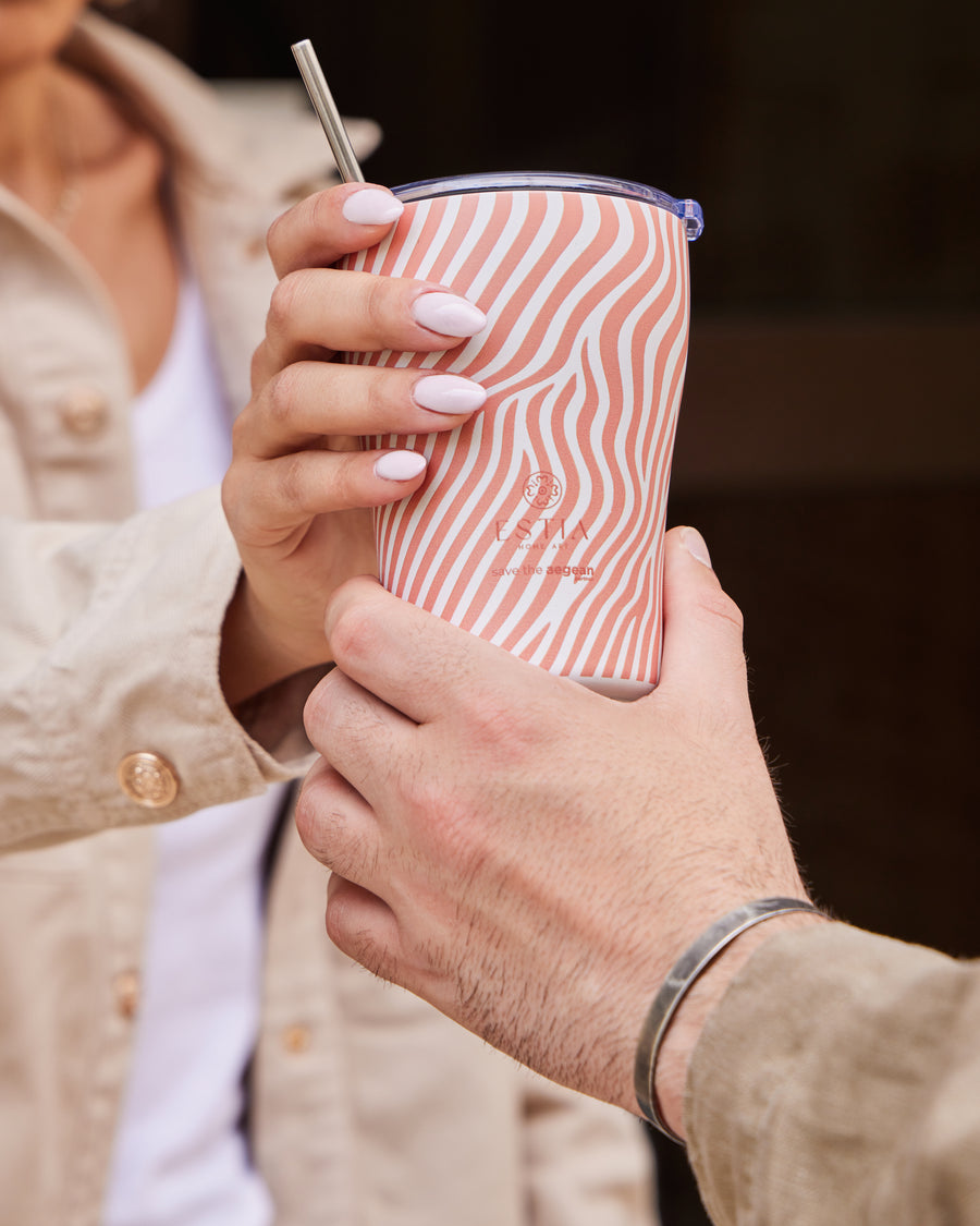 Estia Ποτήρι Θερμός Save The Aegean 350ml Ροζ-Λευκό Με Ριγέ Σχέδιο Soft Ripple Coffee Mug