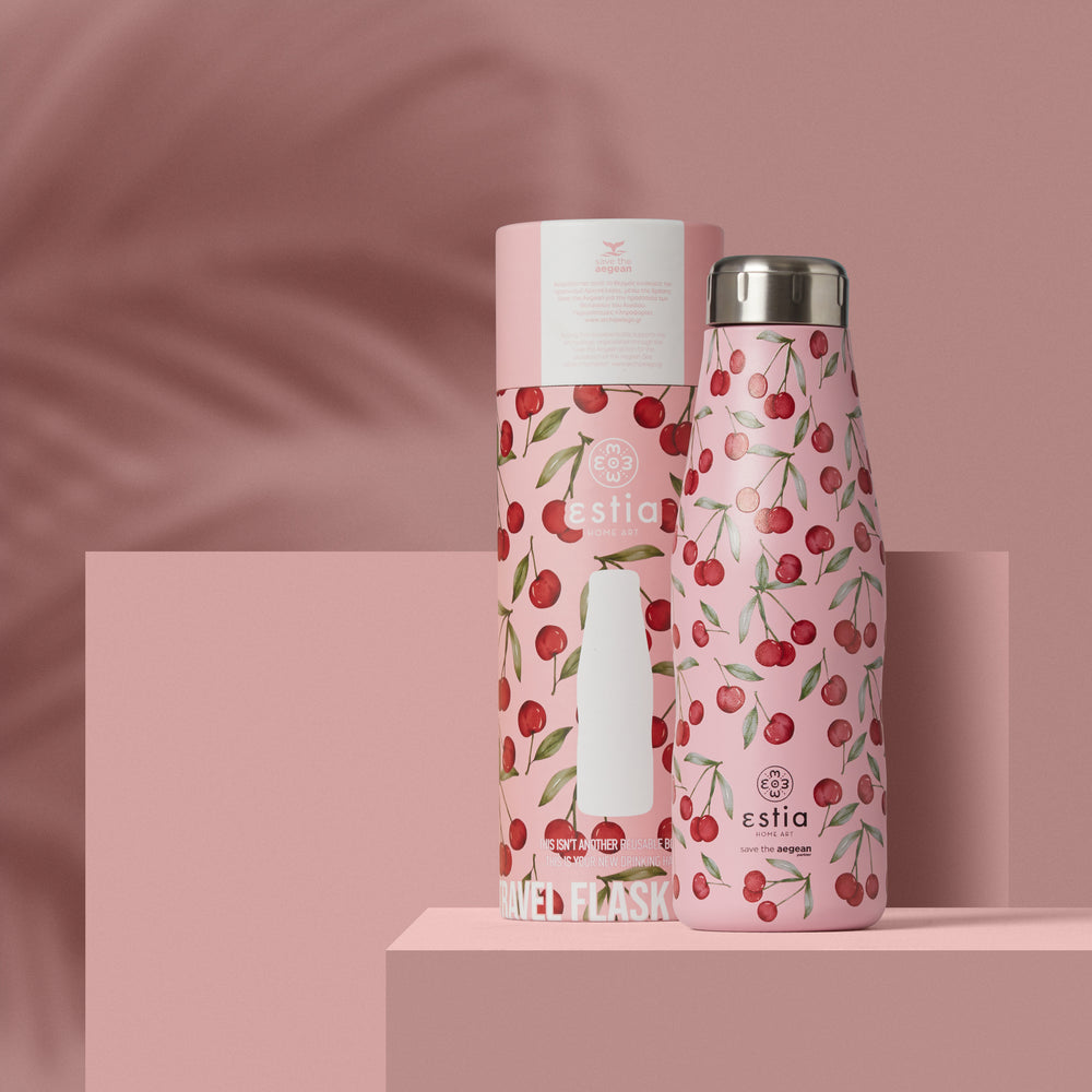 Estia Μπουκάλι Θερμός Save The Aegean 500ml Ροζ Με Σχέδιο Κερασάκια Cherry Rose Travel Flask