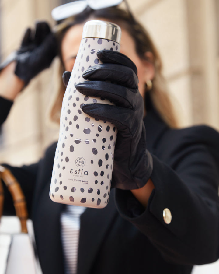 Estia Μπουκάλι Θερμός Save The Aegean 500ml Μαύρο-Γκρι Με Λεοπάρ Μοτίβο Leopard Taupe  Travel Flask