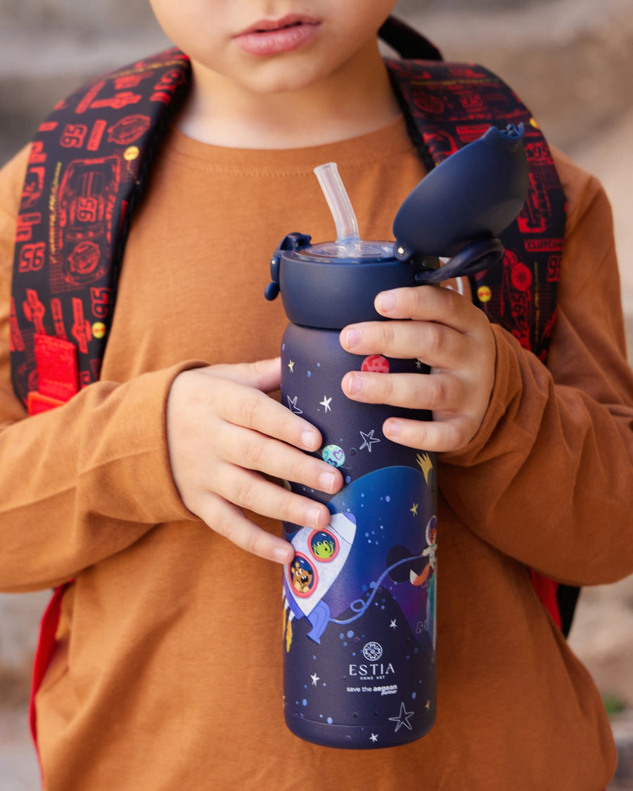 Estia Θερμός Παιδικό Με Καλαμάκι 500ml Μπλε Σκουρο Με Σχέδιο Διάστημα Solar Jump