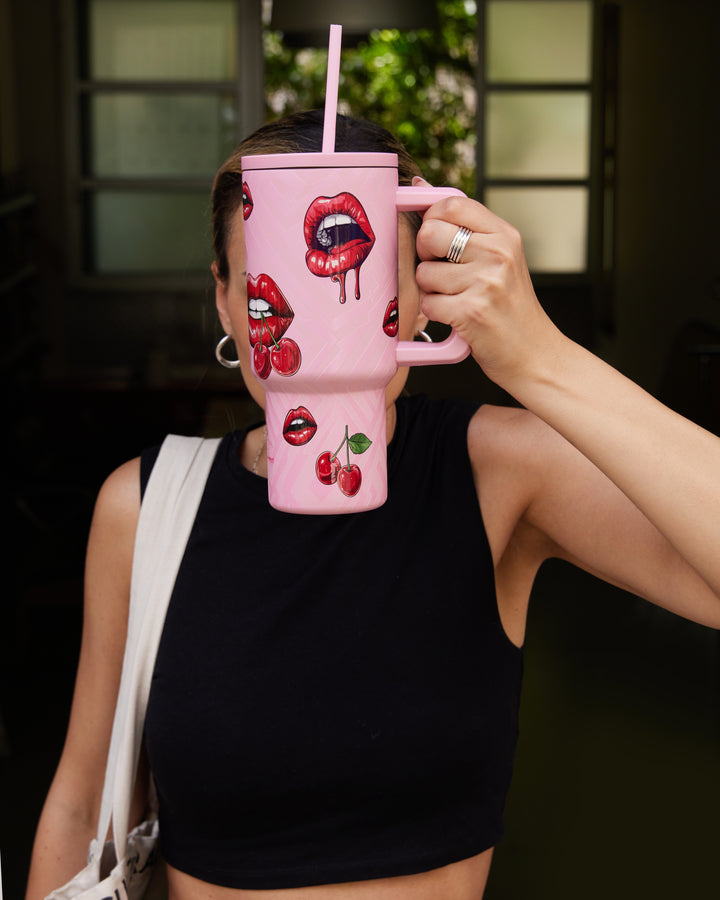 Estia Ποτήρι Θερμός Με Καλαμάκι & Χερούλι Save The Aegean Ροζ Με Σχέδιο Blush Pop Straw Tumbler