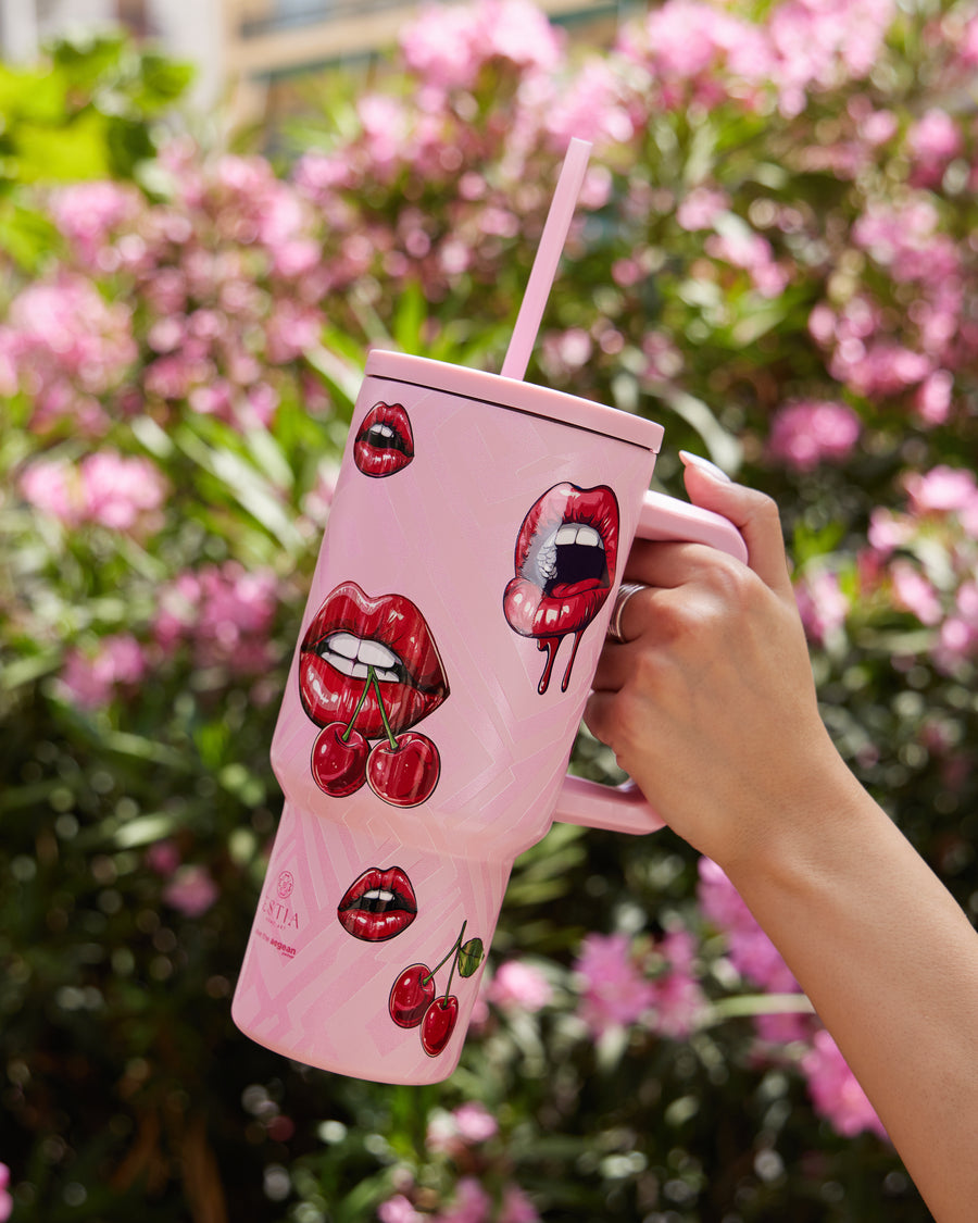 Estia Ποτήρι Θερμός Με Καλαμάκι & Χερούλι Save The Aegean Ροζ Με Σχέδιο Blush Pop Straw Tumbler