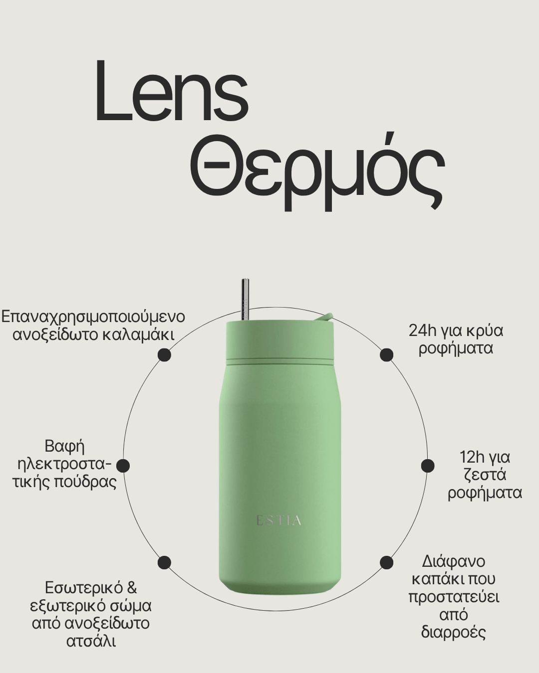 Estia Ποτήρι Θερμός με Ανοξείδωτο Καλαμάκι 360ml Γαλάζιο-Λευκό Lens Save the Aegean Ocean Waves