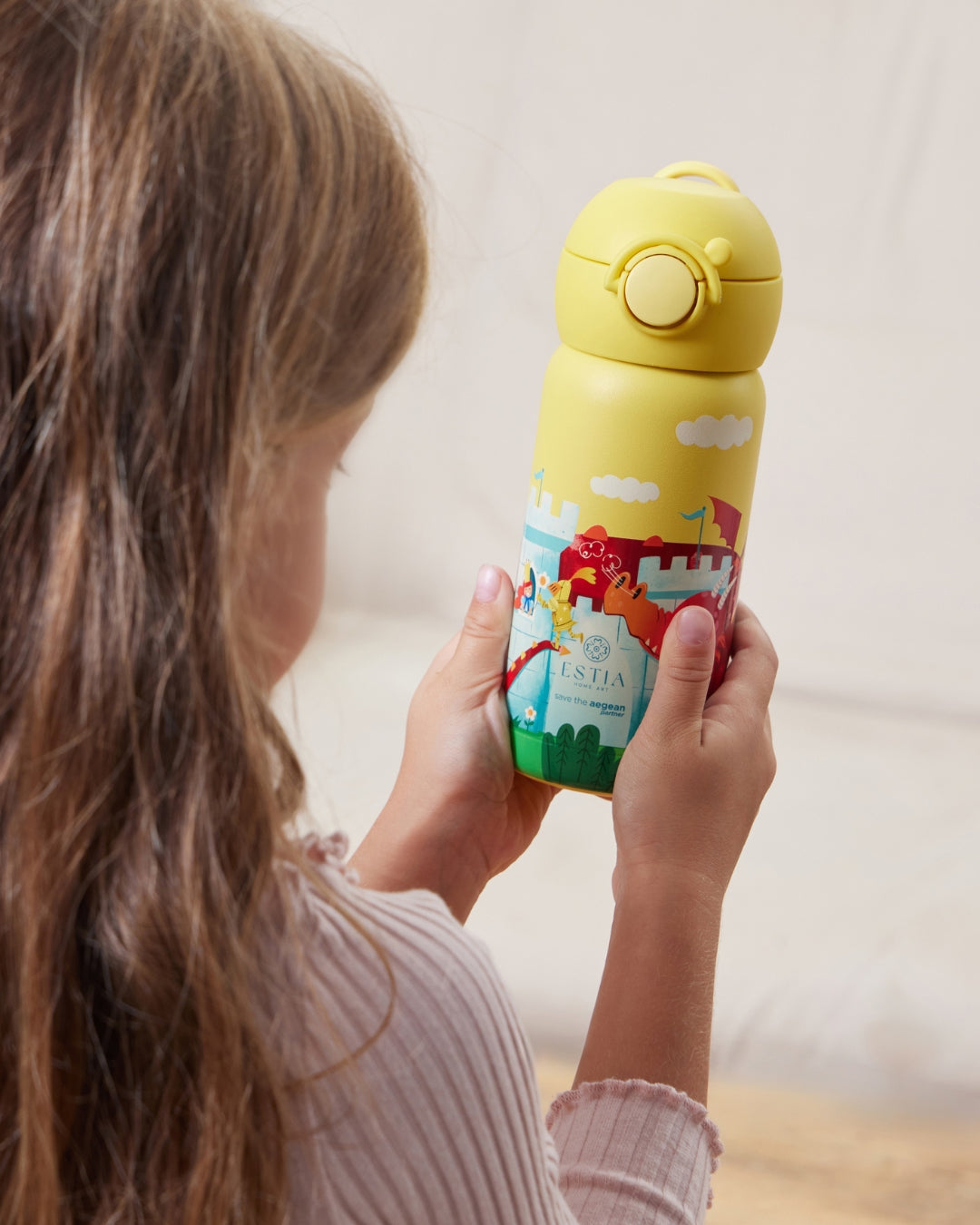 Estia Θερμός Παιδικό Με Καλαμάκι 350ml Κίτρινο Με Σχέδιο Κάστρο & Δεινοσαύρους Fortress Dragon