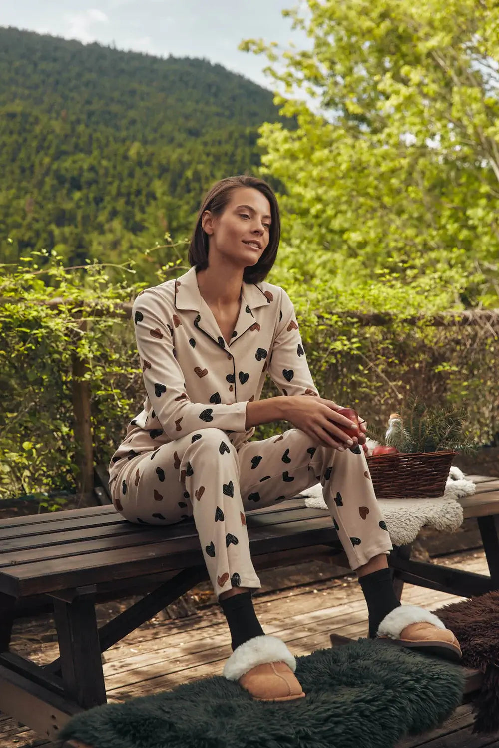 Γυναικεία Πιτζάμα Μπεζ με Καρδιές Βαμβακερή Κουμπωτή Minerva Coffee Queen
