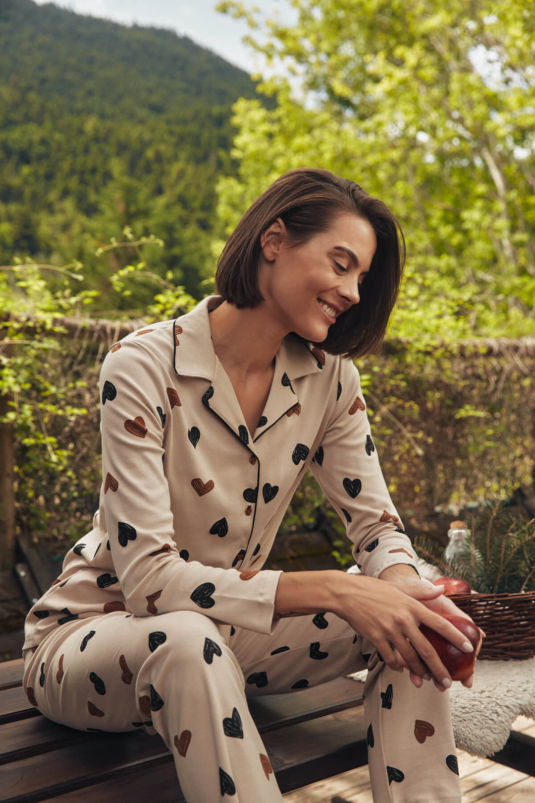 Γυναικεία Πιτζάμα Μπεζ με Καρδιές Βαμβακερή Κουμπωτή Minerva Coffee Queen