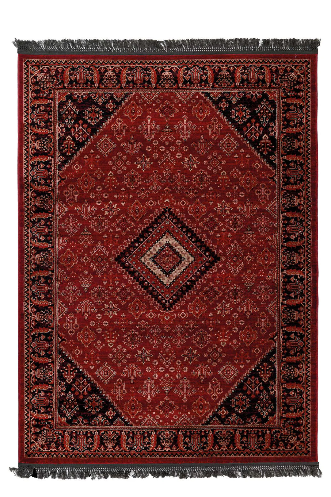 Κλασικό χαλί Afgan της Royal Carpet σε σκούρο κόκκινο χρώμα με παραδοσιακά γεωμετρικά μοτίβα, διακοσμητικό κεντρικό σχέδιο και σκούρα κρόσσια.