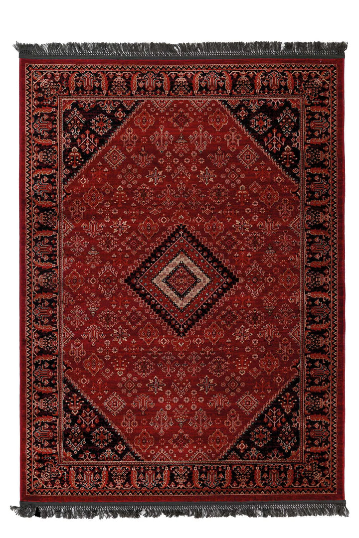 Κλασικό χαλί Afgan της Royal Carpet σε σκούρο κόκκινο χρώμα με παραδοσιακά γεωμετρικά μοτίβα, διακοσμητικό κεντρικό σχέδιο και σκούρα κρόσσια.