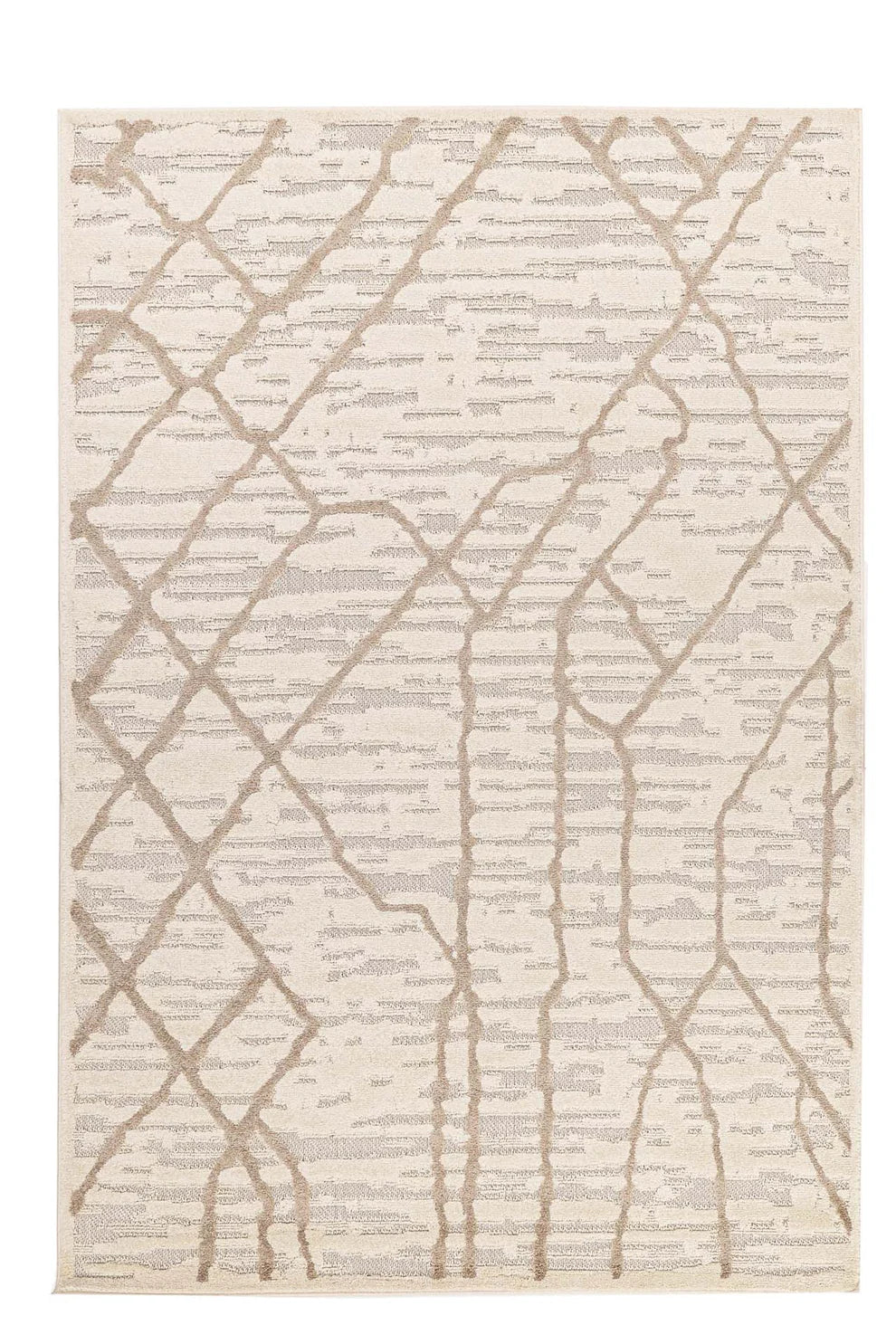 Μοντέρνο χαλί Chiara Royal Carpet σε εκρού βάση με μπεζ ανάγλυφες γραμμές και αφηρημένο γεωμετρικό σχέδιο, φωτογραφημένο σε λευκό φόντο για καθαρή προβολή του σχεδίου και των χρωμάτων.