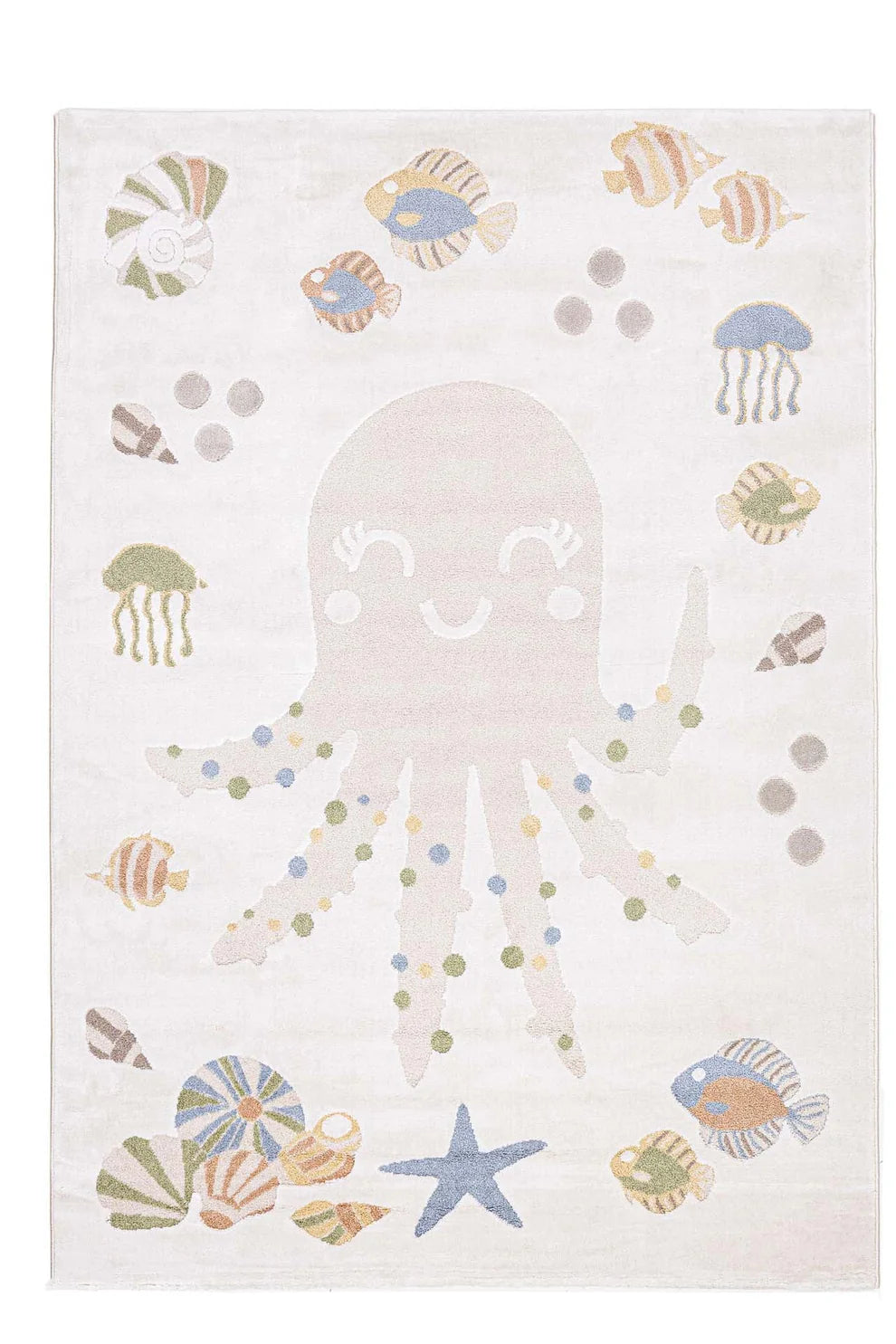 Παιδικό χαλί με σχέδιο χαρούμενο χταπόδι και πολύχρωμα ψαράκια σε θαλασσινό μοτίβο.