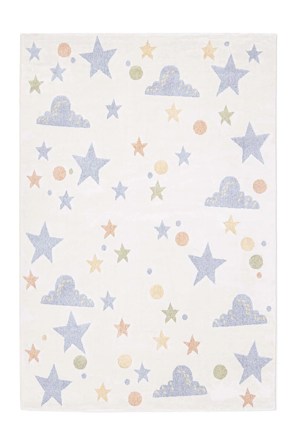 Παιδικό χαλί με λευκή βάση και μοτίβο από μπλε σύννεφα, αστέρια και πολύχρωμους κύκλους.