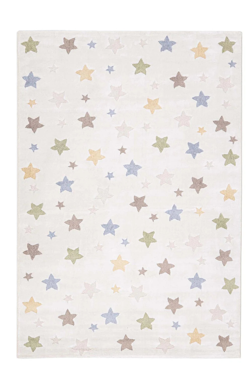 Παιδικό χαλί με λευκή βάση και μοτίβο από μπλε σύννεφα, αστέρια και πολύχρωμους κύκλους.
