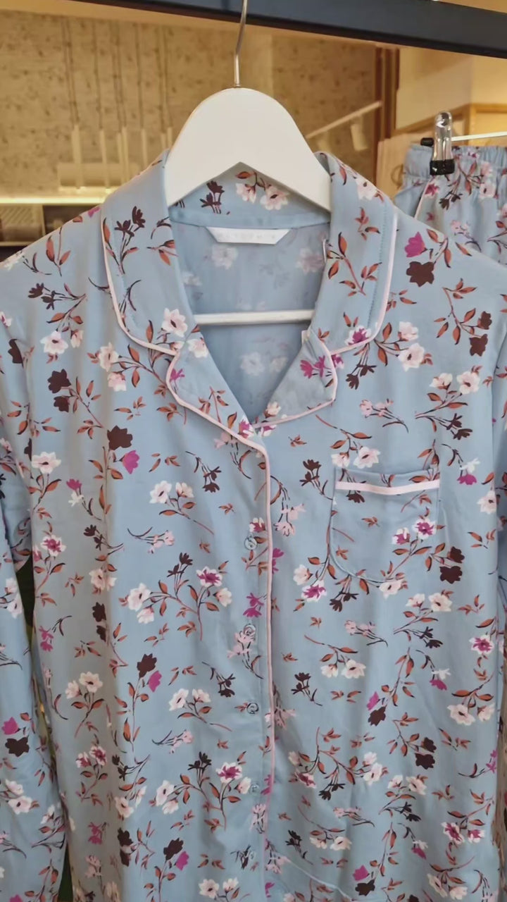 Γυναικεία Πιτζάμα Γαλάζια με Φλοράλ σχέδια κουμπωτή Βαμβακερή Muy Demi