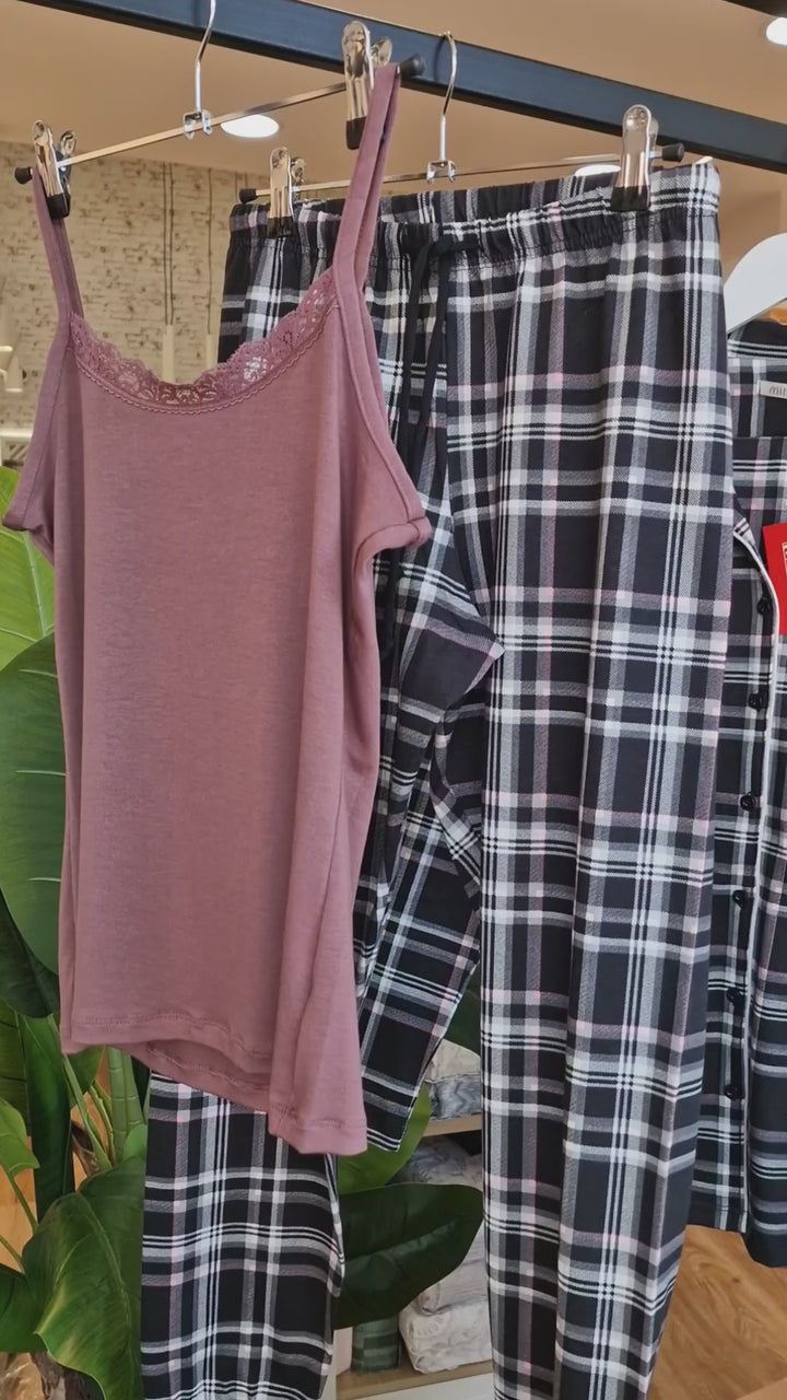 Γυναικεία Πιτζάμα Καρό Μαύρη Βαμβακερή Κουμπωτή Minerva Cosy Club