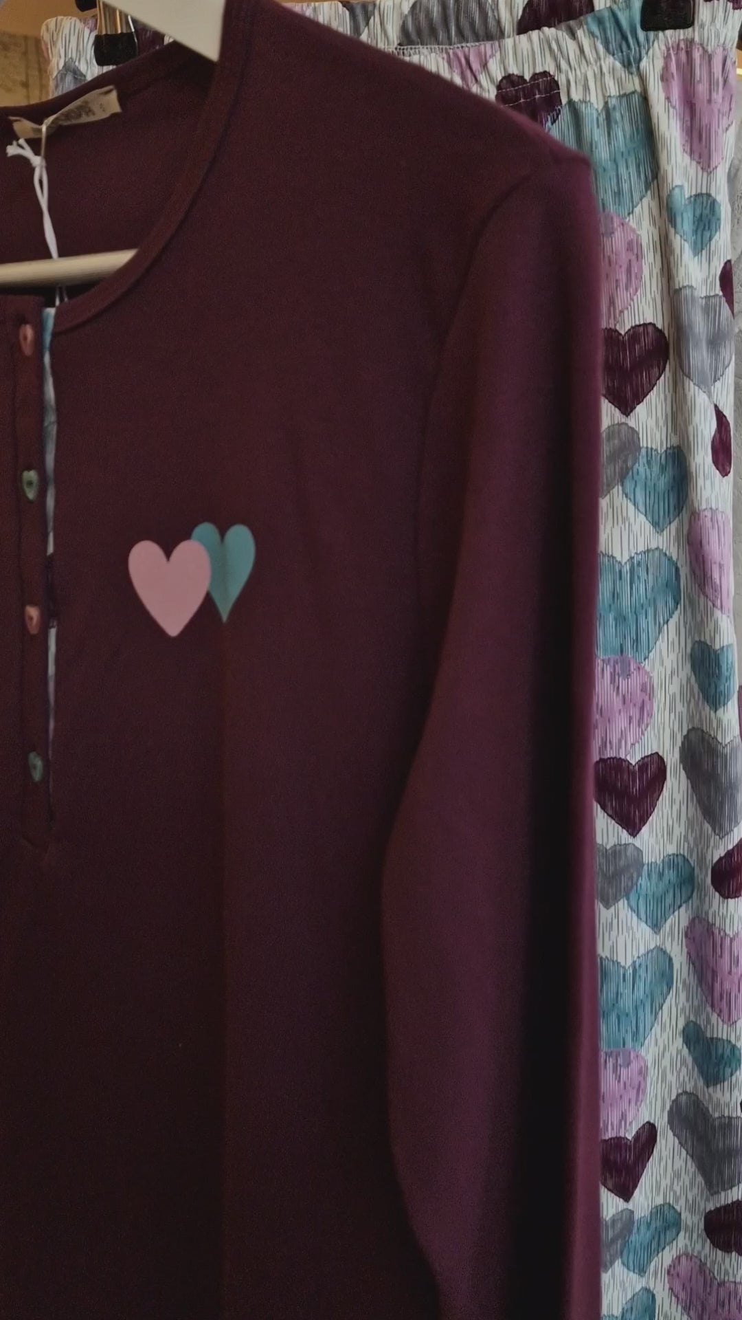 Γυναικεία Πιτζάμα Βυσσινί Βαμβακερή Με Καρδιές και Κουμπιά Minerva Multi Hearts