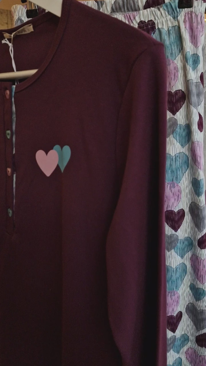 Γυναικεία Πιτζάμα Βυσσινί Βαμβακερή Με Καρδιές και Κουμπιά Minerva Multi Hearts