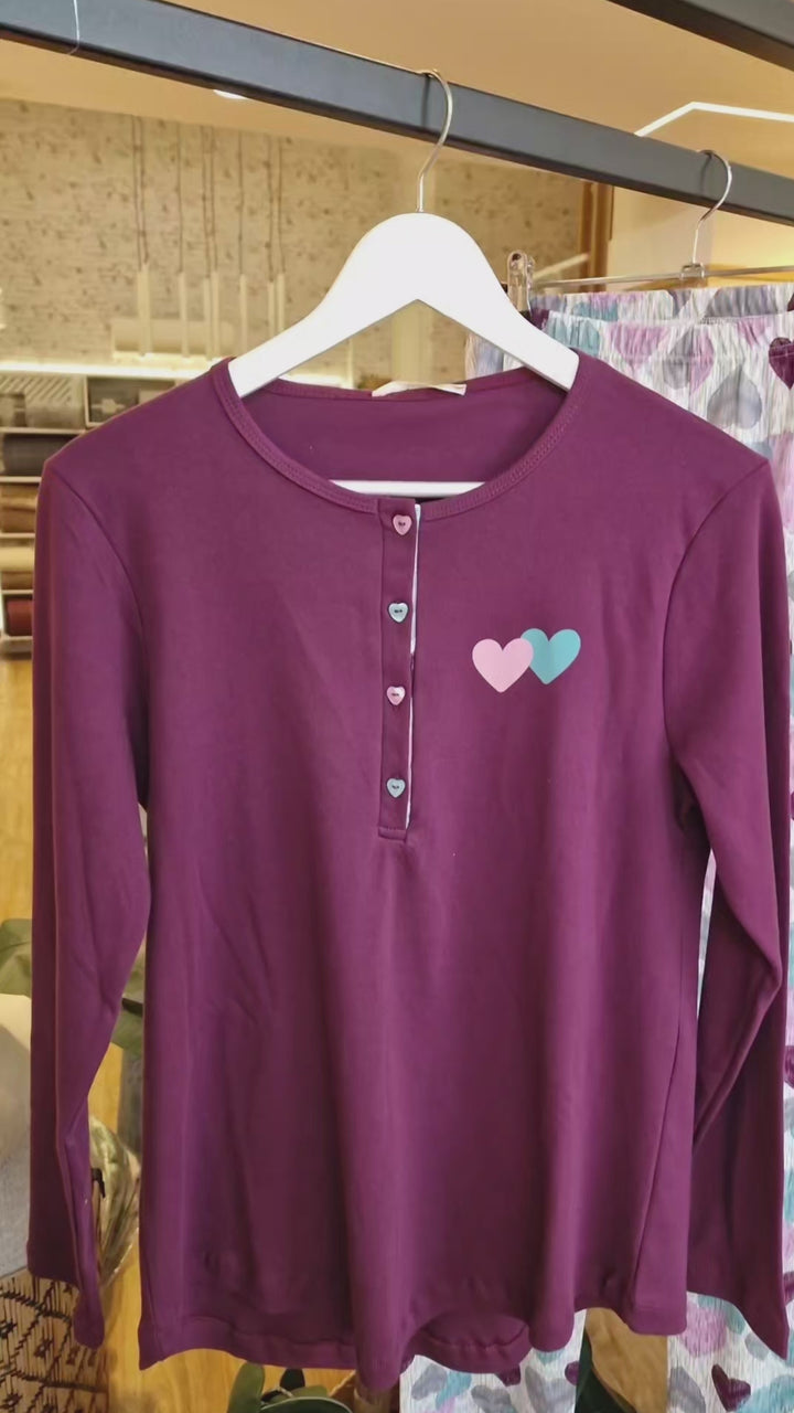 Γυναικεία Πιτζάμα Βυσσινί Βαμβακερή Με Καρδιές και Κουμπιά Minerva Multi Hearts