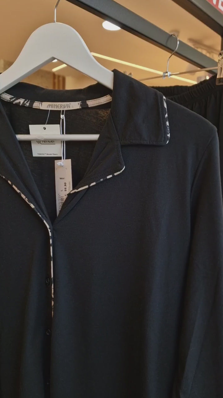 Γυναικεία Πιτζάμα Μαύρη Κουμπωτή Βαμβακερή Minerva Uni