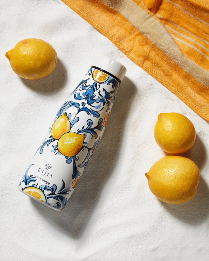 Estia Μπουκάλι Θερμός Save The Aegean 500ml Μπλε-Λευκό-Κίτρινο Με Λεμόνια Amalfi Coast Travel Flask