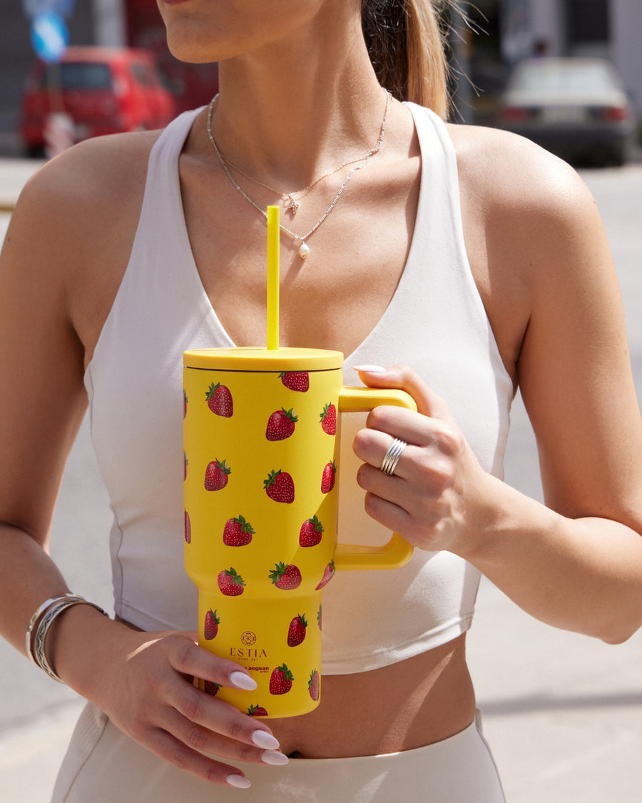 Estia Ποτήρι Θερμός Με Καλαμάκι & Χερούλι Save The Aegean Πορτοκαλί Με Σχέδιο Φράουλες Berry Bright Straw Tumbler